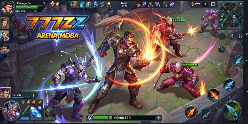 Screenshot permainan 777ZX menunjukkan aksi pertarungan MOBA yang mendebarkan.