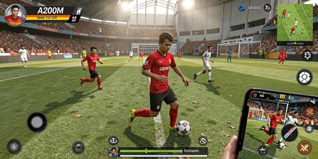 Screenshot gameplay A200M menampilkan aksi permainan sepak bola yang mendebarkan.