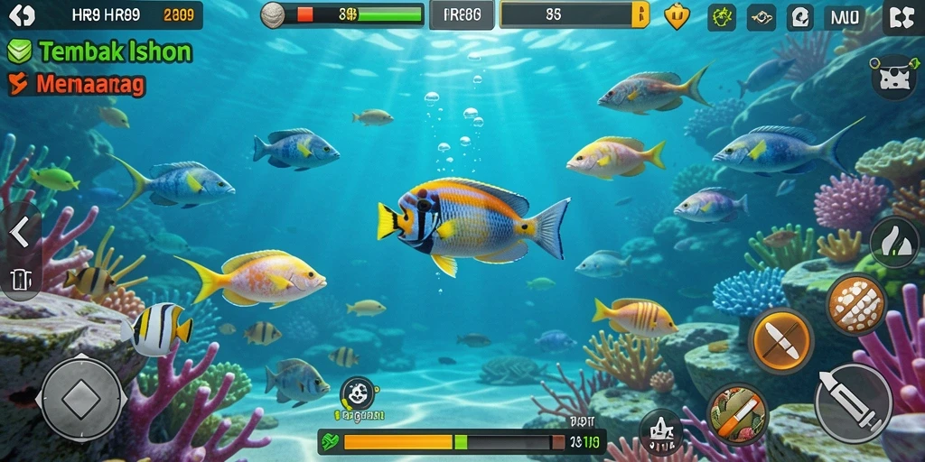Tangkapan layar gameplay HR89 memperlihatkan aksi menembak ikan yang mendebarkan.