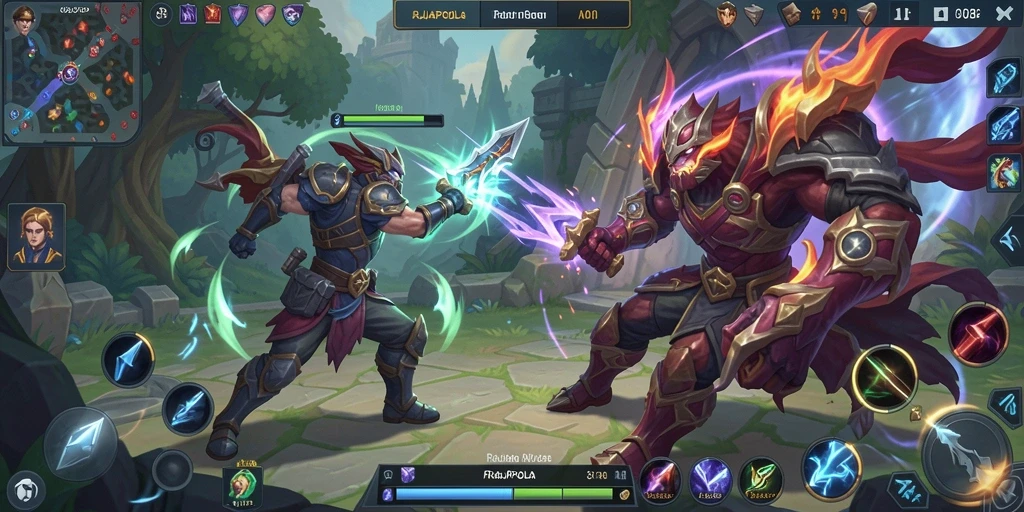 Screenshot gameplay RAJAPOLA dengan pertarungan intens di arena MOBA.