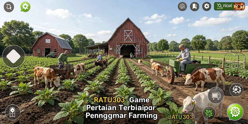 Tangkapan layar gameplay RATU303 menunjukkan aktivitas pertanian yang seru.