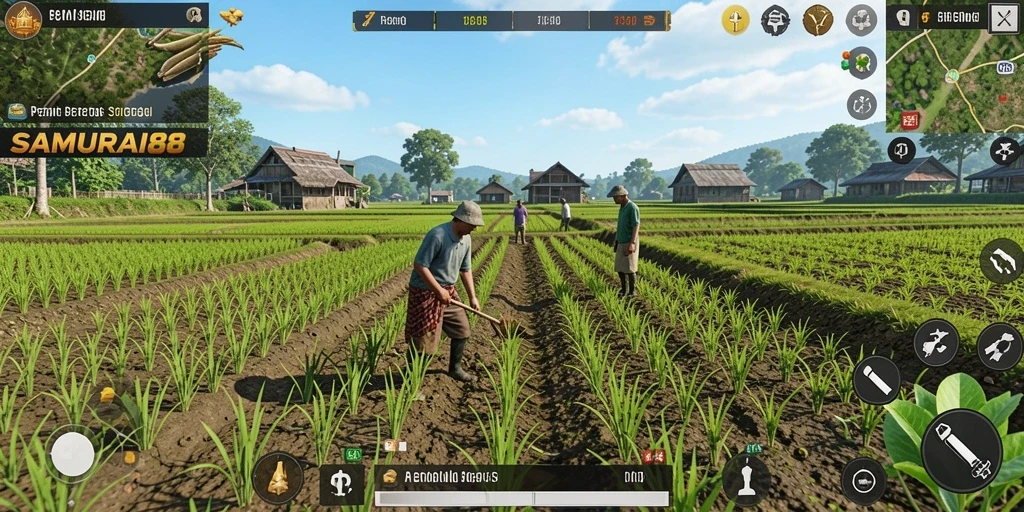 Screenshot gameplay SAMURAI88 menunjukkan kebun yang indah dan aktif.
